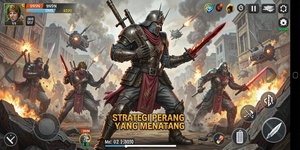 Tangkapan layar gameplay di 9N9N menampilkan pertempuran strategis yang intens.
