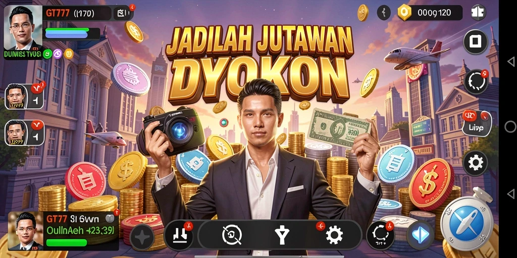 Screenshot gameplay GT777 menampilkan kemegahan kerajaan bisnis yang Anda bangun.