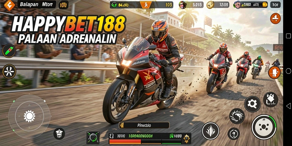 Screenshot gameplay HAPPYBET188 menunjukkan adrenalin balapan motor yang seru.
