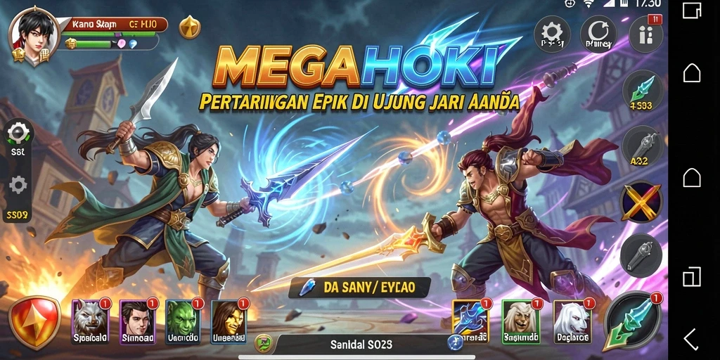 Tangkapan layar gameplay <strong>MEGAHOKI</strong> menunjukkan pertarungan epik antara karakter-karakter unik.