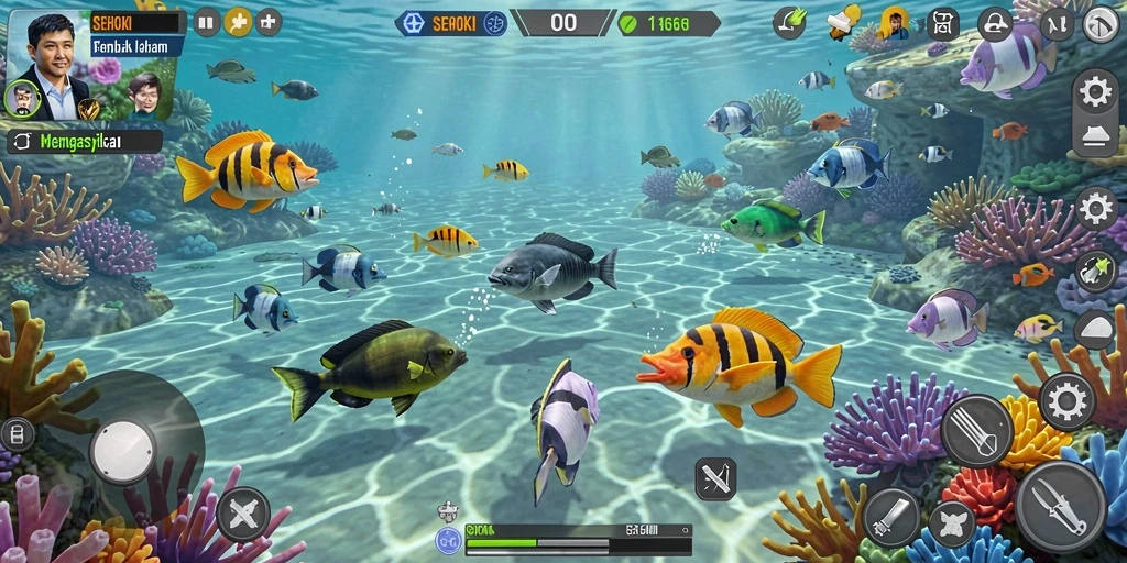 Screenshot menampilkan aksi seru dalam SEHOKI saat menangkap ikan.